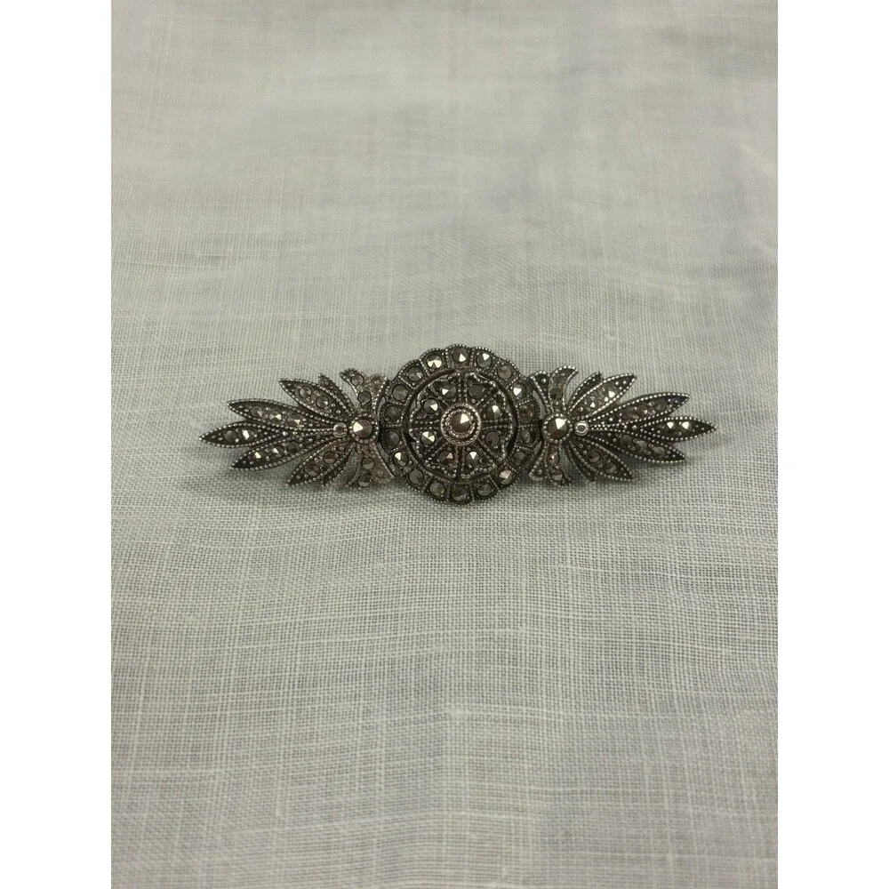 Vintage 925 Sterling Silver Marcasite Art Deco Style Bar Brooch Floral Pin